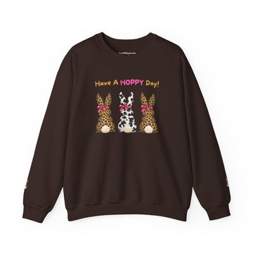Leopard Bunny Crewneck Sweatshirt — "Have A HOPPY Day!